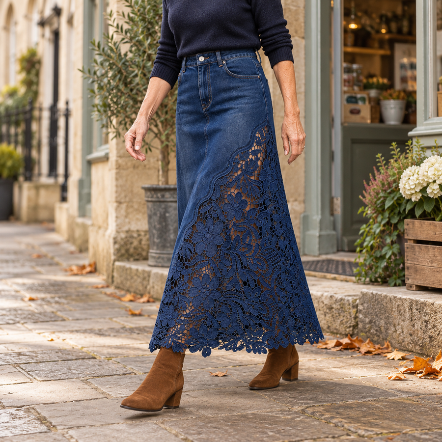 Annette Lace Panel Denim Maxi Skirt in Dark Denim, worn out and about