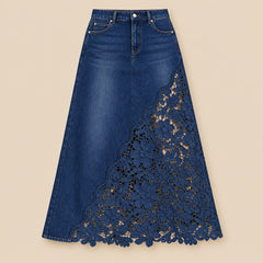 Annette Lace Panel Denim Maxi Skirt in Dark Denim, the whole piece laid flat