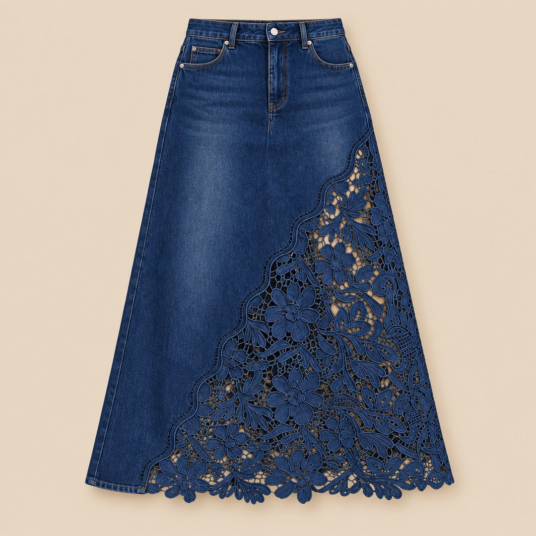 Annette Lace Panel Denim Maxi Skirt in Dark Denim, the whole piece laid flat