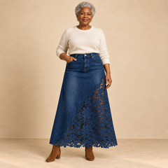 Annette Lace Panel Denim Maxi Skirt in Dark Denim