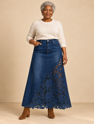 Annette Lace Panel Denim Maxi Skirt in Dark Denim