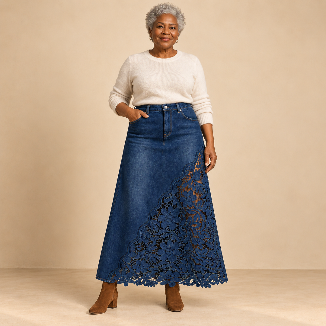 Annette Lace Panel Denim Maxi Skirt in Dark Denim