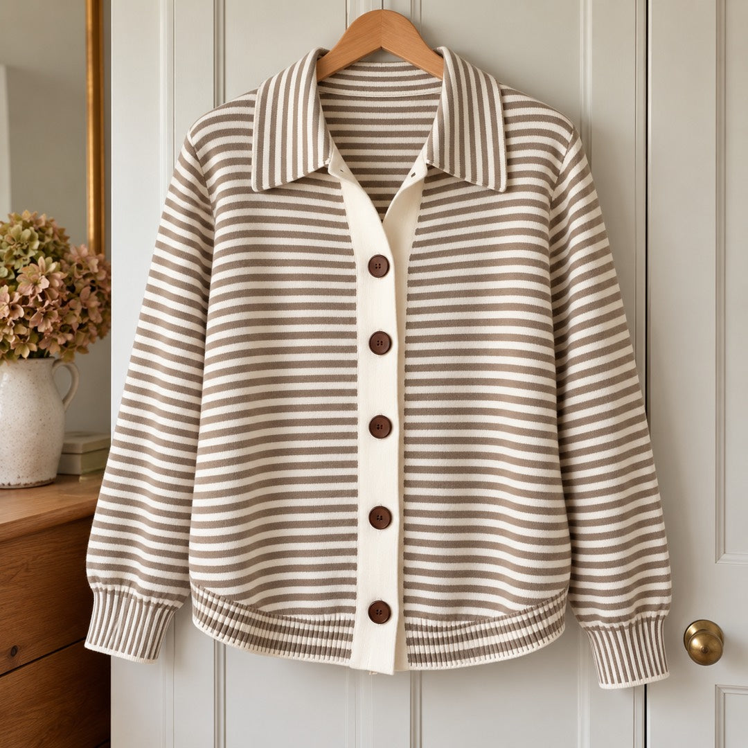 Avril Striped Collared Cardigan in Taupe Stripe on a hanger