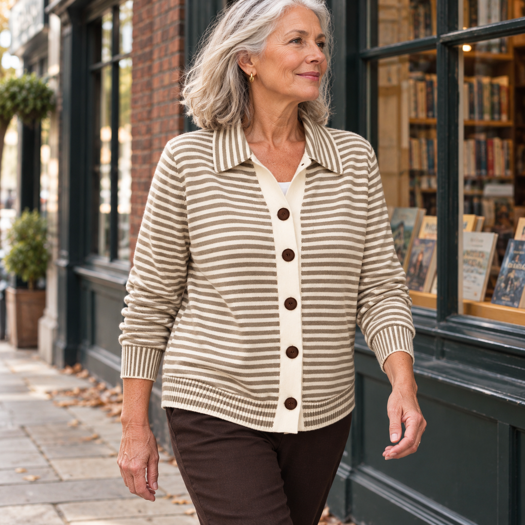 Avril Striped Collared Cardigan in Taupe Stripe, worn out and about