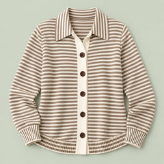 Avril Striped Collared Cardigan in Taupe Stripe, the whole piece laid flat