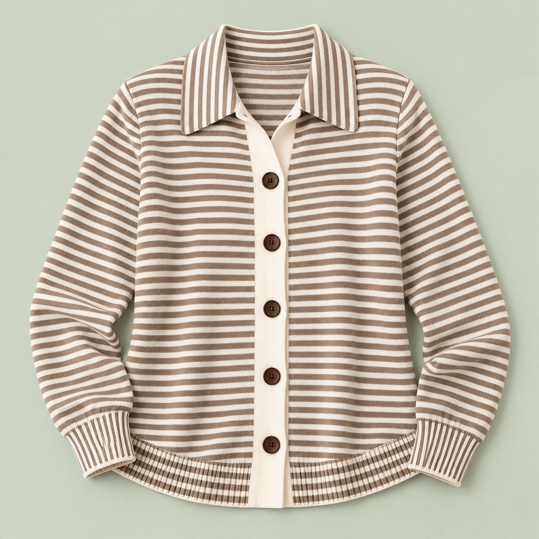 Avril Striped Collared Cardigan in Taupe Stripe, the whole piece laid flat
