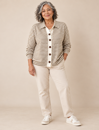 Avril Striped Collared Cardigan in Taupe Stripe