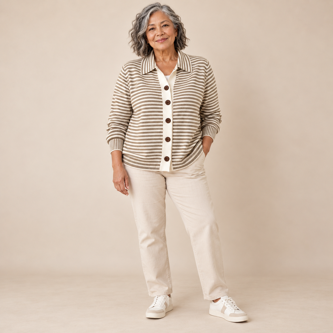 Avril Striped Collared Cardigan in Taupe Stripe