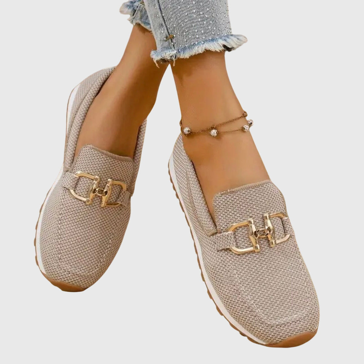 Judy | Gold Buckle Knit Loafer Trainers