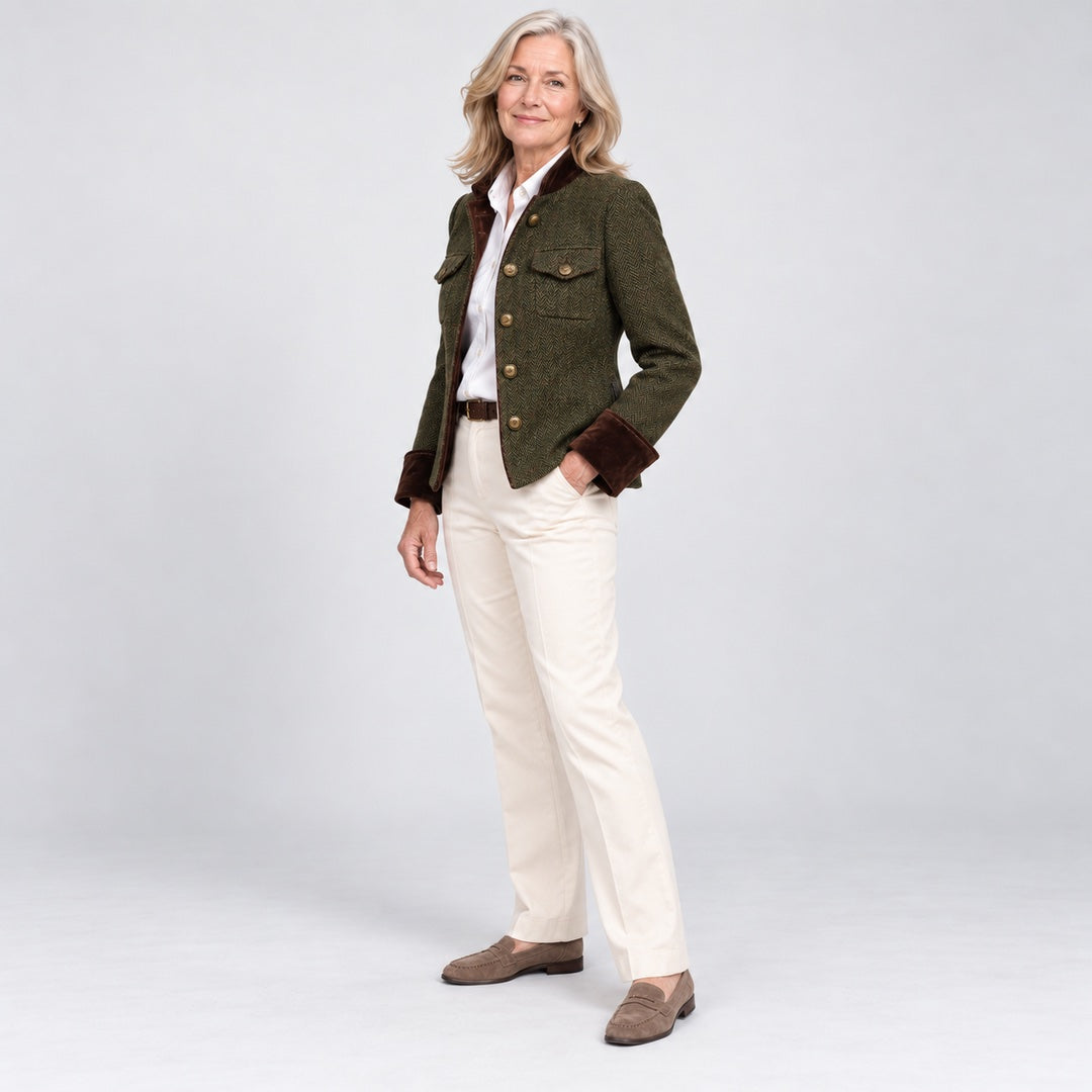 Back view of the Bernadette Herringbone Tailored Jacket with Velvet Trim in Olive