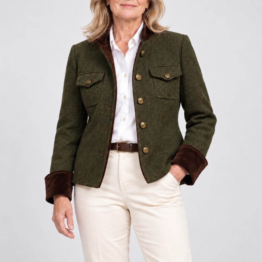 Close-up of the Bernadette Herringbone Tailored Jacket with Velvet Trim in Olive