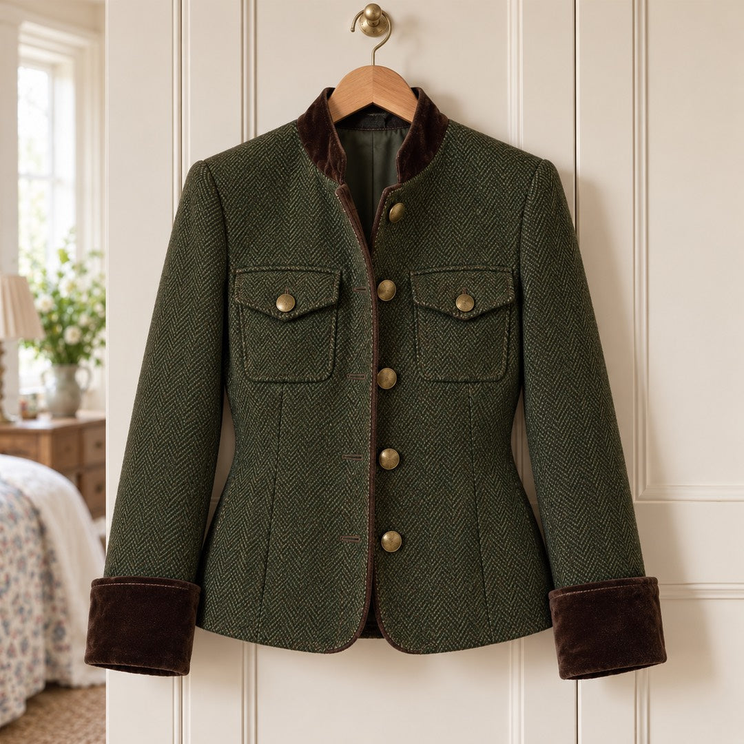 The Bernadette Herringbone Tailored Jacket with Velvet Trim in Olive on a hanger