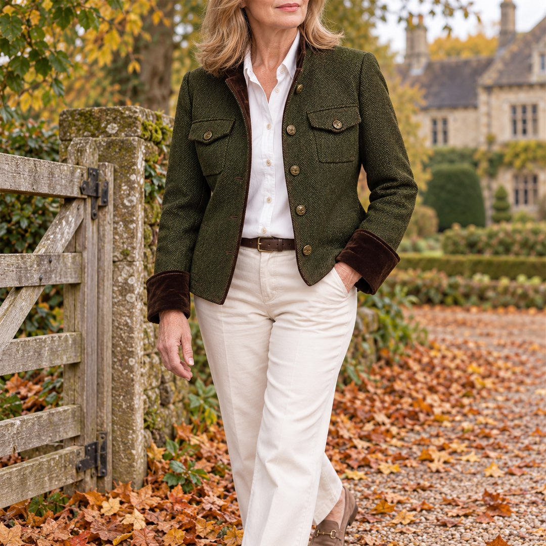 A woman wearing the Bernadette Herringbone Tailored Jacket with Velvet Trim in Olive