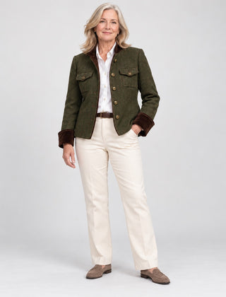 The Bernadette Herringbone Tailored Jacket with Velvet Trim in Olive