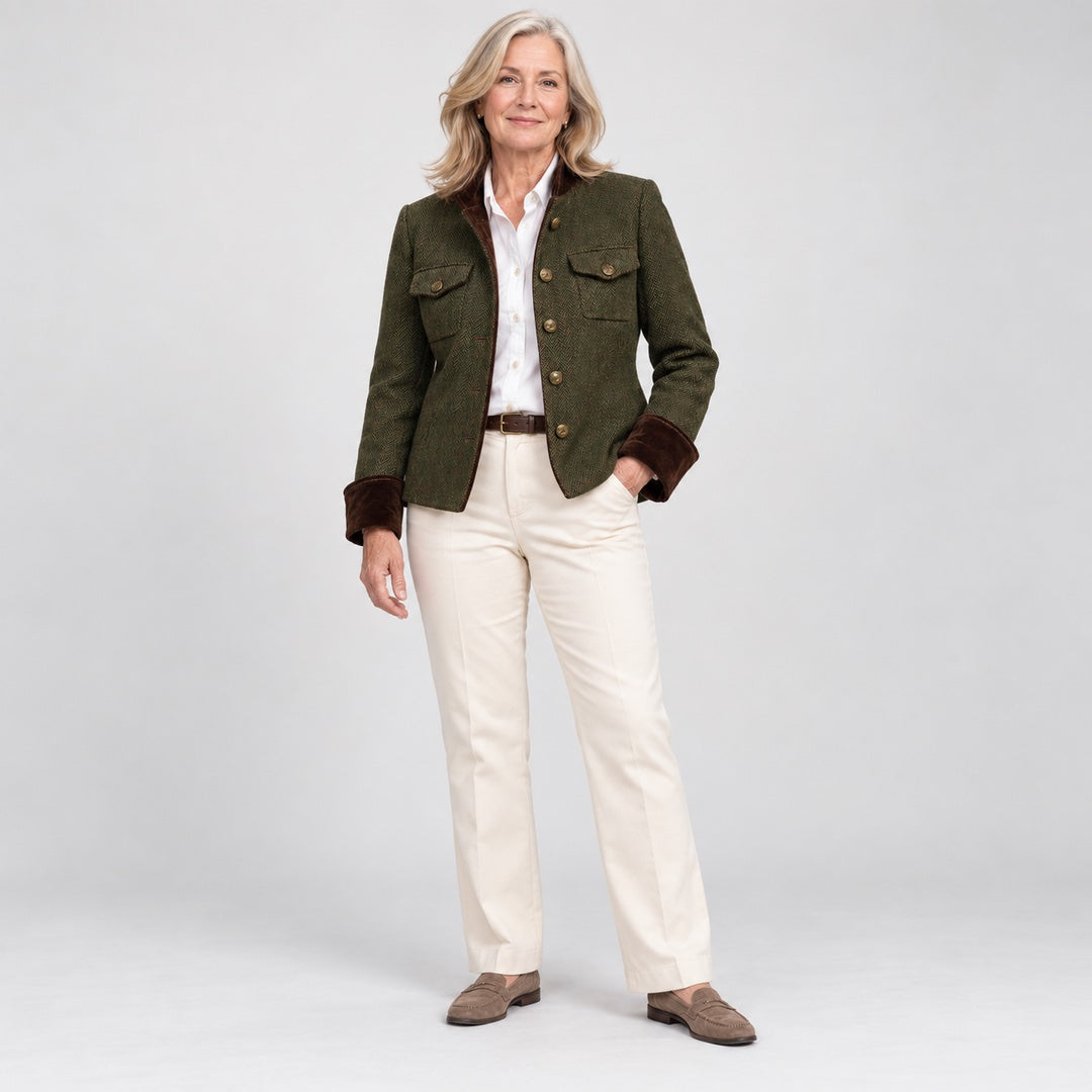 The Bernadette Herringbone Tailored Jacket with Velvet Trim in Olive