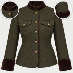 The Bernadette Herringbone Tailored Jacket with Velvet Trim in Olive, with close-ups of the details