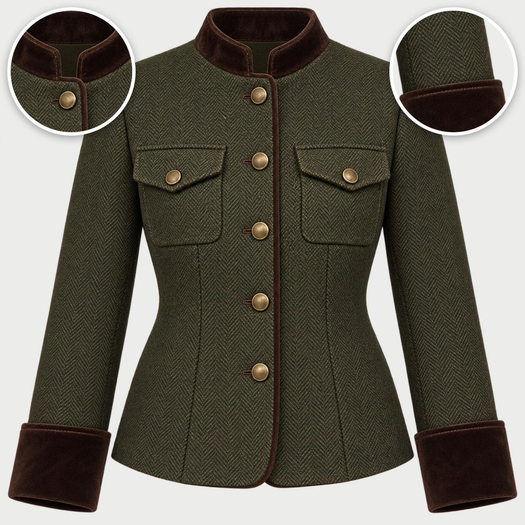 The Bernadette Herringbone Tailored Jacket with Velvet Trim in Olive, with close-ups of the details