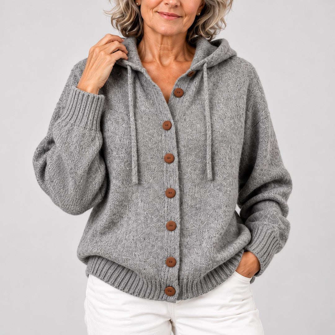 Bernice Hooded Button-Front Knit Cardigan in Grey, a closer look at the fit