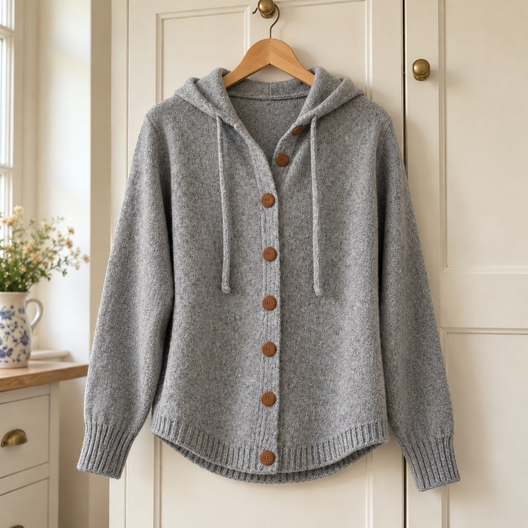 Bernice Hooded Button-Front Knit Cardigan in Grey on a hanger