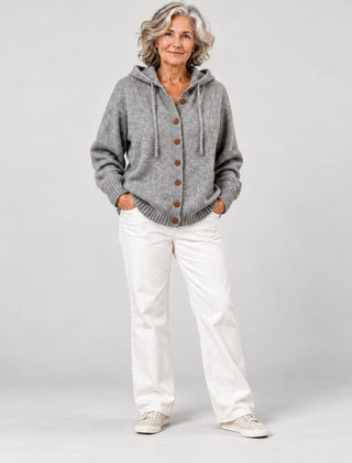 Bernice Hooded Button-Front Knit Cardigan in Grey