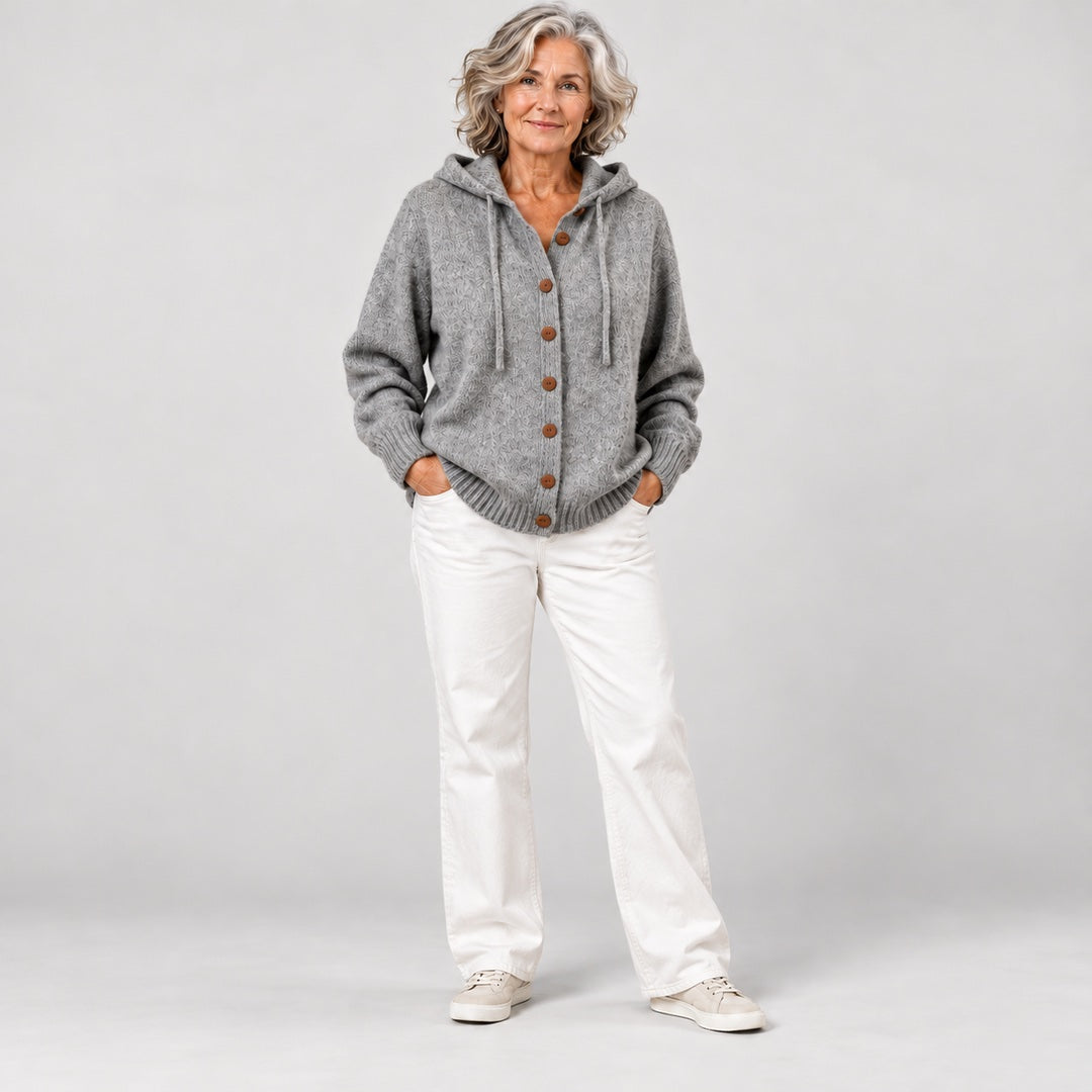 Bernice Hooded Button-Front Knit Cardigan in Grey