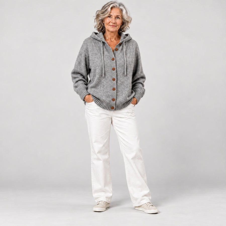 Bernice Hooded Button-Front Knit Cardigan in Grey