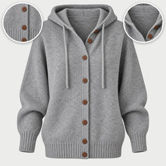 Bernice Hooded Button-Front Knit Cardigan in Grey, with close-ups of the details