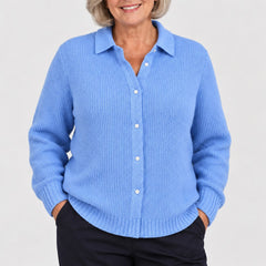 Beryl Collared Button-Front Ribbed Cardigan in Sky Blue, a closer look at the fit