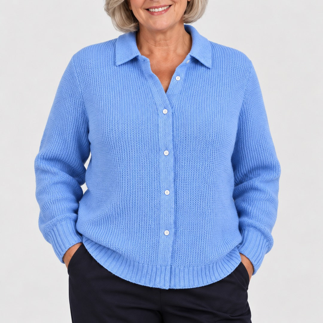 Beryl Collared Button-Front Ribbed Cardigan in Sky Blue, a closer look at the fit
