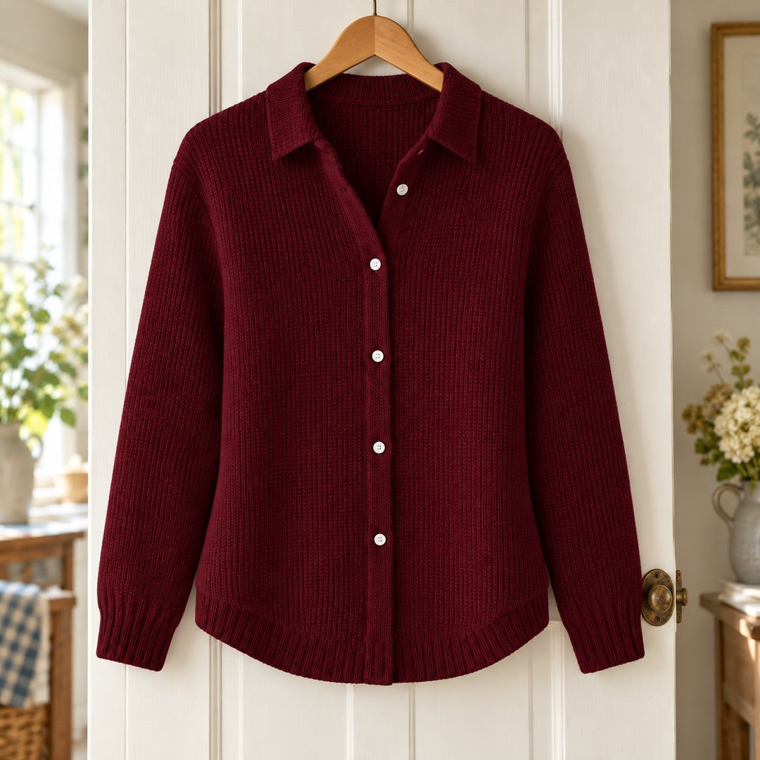 Beryl Collared Button-Front Ribbed Cardigan in Sky Blue on a hanger