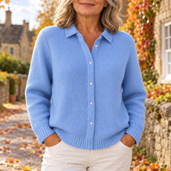 Beryl Collared Button-Front Ribbed Cardigan in Sky Blue, worn out and about