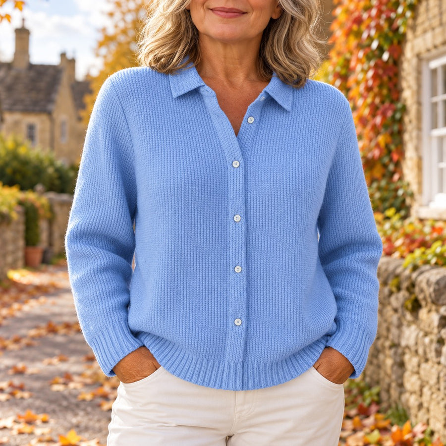 Beryl Collared Button-Front Ribbed Cardigan in Sky Blue, worn out and about