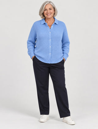 Beryl Collared Button-Front Ribbed Cardigan in Sky Blue