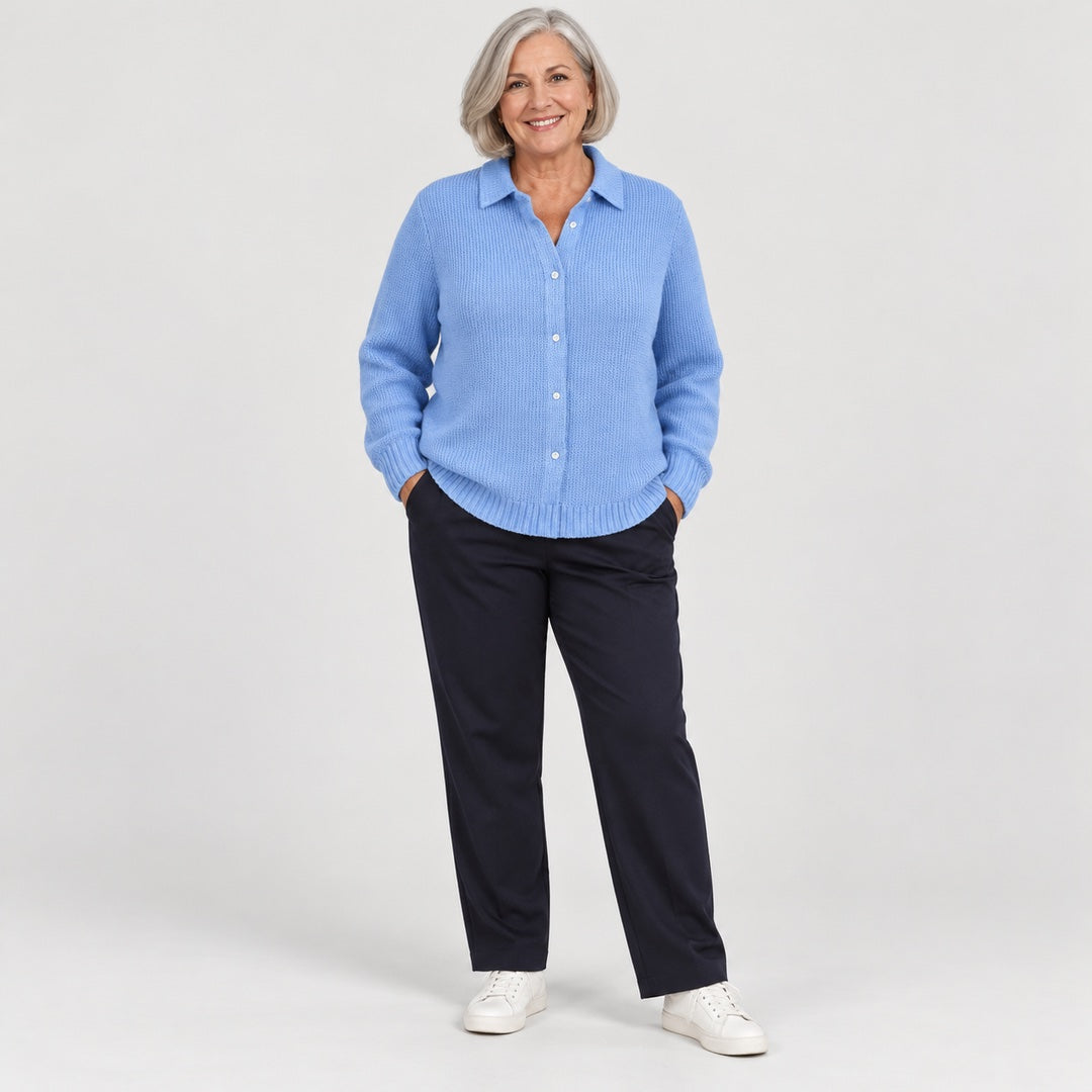 Beryl Collared Button-Front Ribbed Cardigan in Sky Blue