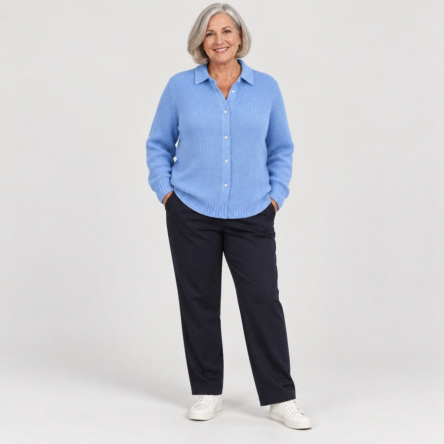 Beryl Collared Button-Front Ribbed Cardigan in Sky Blue