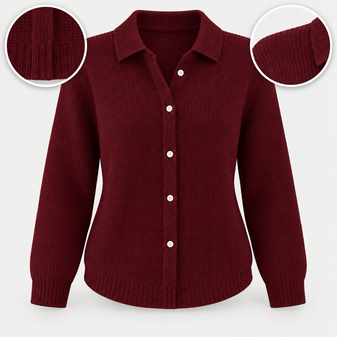 Beryl Collared Button-Front Ribbed Cardigan in Sky Blue, with close-ups of the details