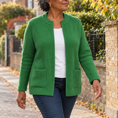 Betty Knitted Pocket Cardigan in Green, worn out and about