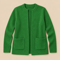 Betty Knitted Pocket Cardigan in Green, the whole piece laid flat
