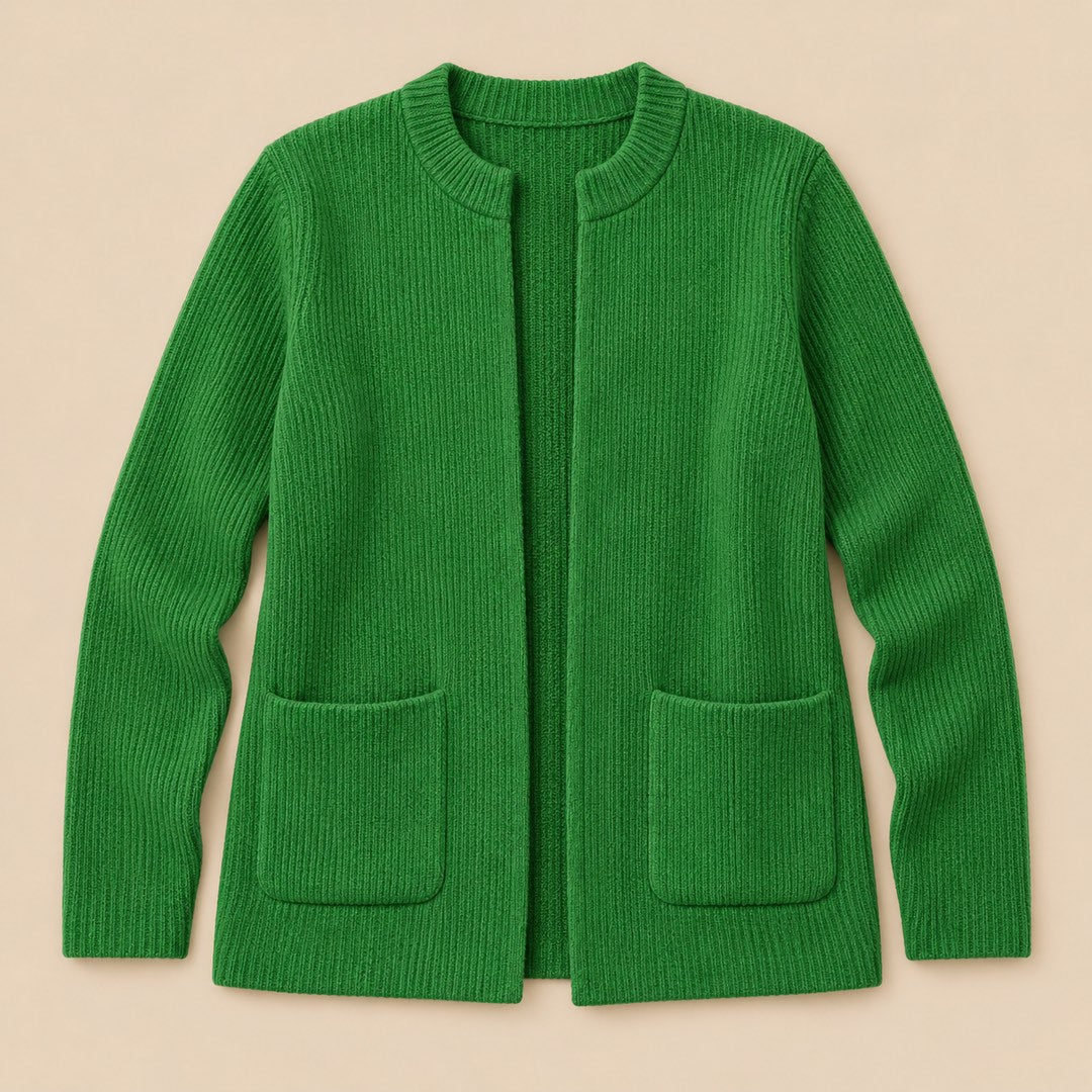Betty Knitted Pocket Cardigan in Green, the whole piece laid flat