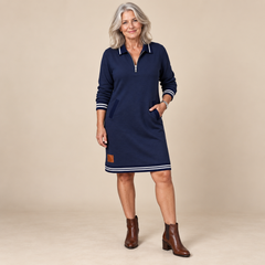 Beverley Zip Collar Contrast Trim Dress in Navy - studio