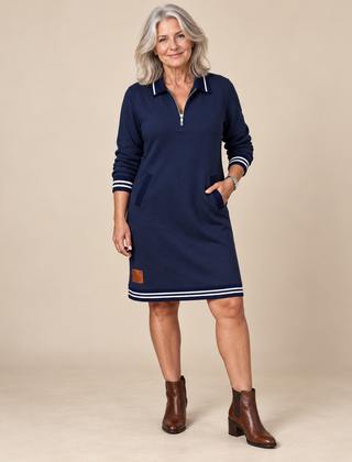 Beverley Zip Collar Contrast Trim Dress in Navy - studio