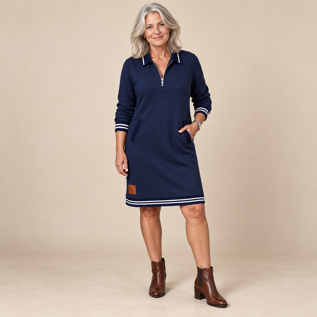 Beverley Zip Collar Contrast Trim Dress in Navy - studio