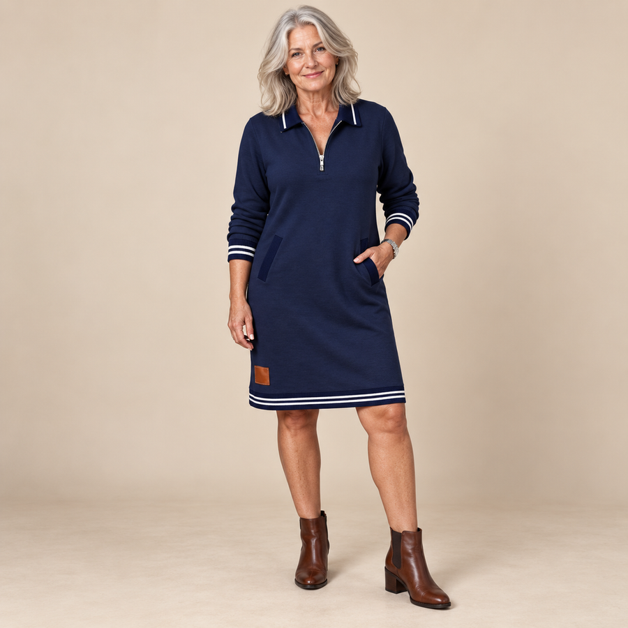 Beverley Zip Collar Contrast Trim Dress in Navy - studio