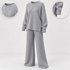 Bridget knit set details: ribbed neckline and side split