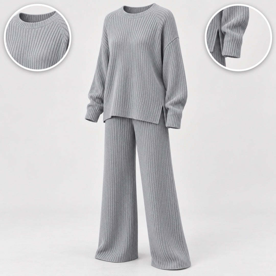 Bridget knit set details: ribbed neckline and side split