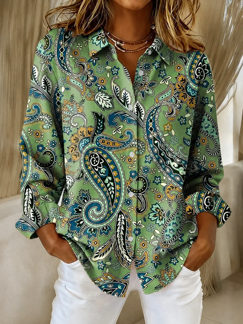 Carole Paisley Print Button-Up Blouse in Sage Green