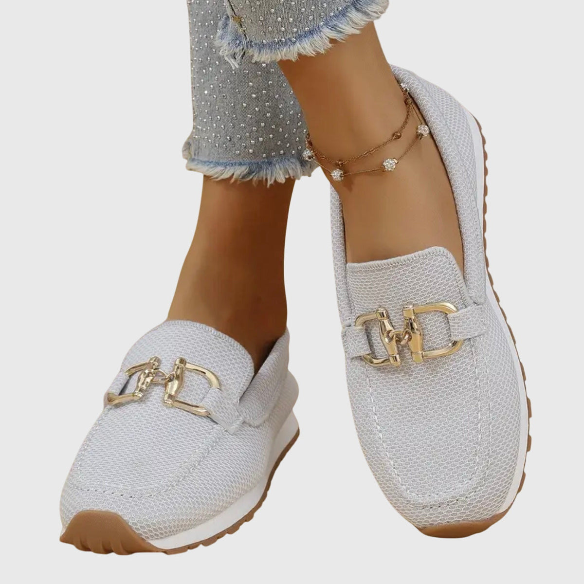 Judy | Gold Buckle Knit Loafer Trainers