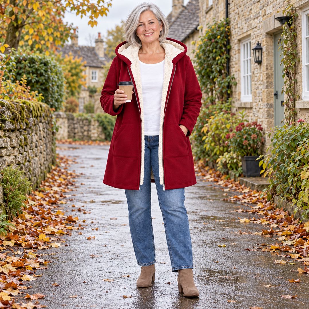 The Carla Fleece Lined Hooded Longline Coat worn out and about