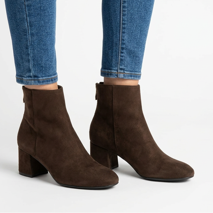 Gail Block Heel Suede-Look Ankle Boots in Brown