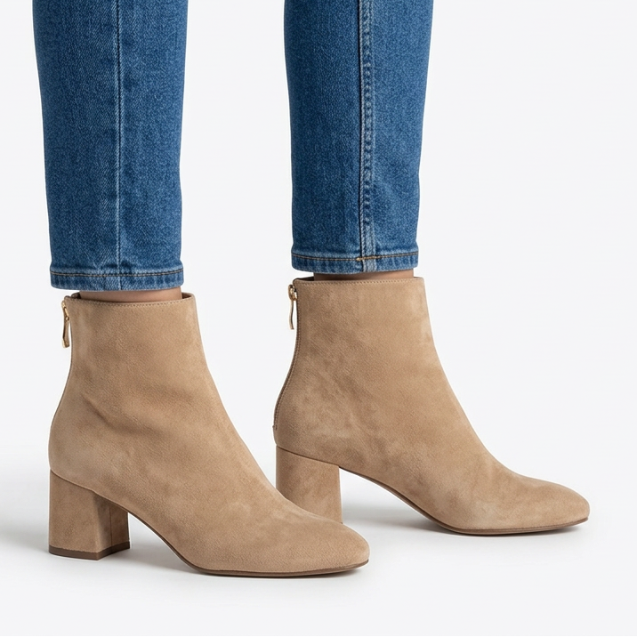 Gail Block Heel Suede-Look Ankle Boots in Sand